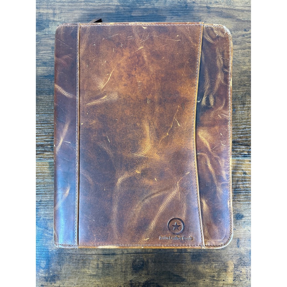 Aaron Leather Goods Vendimia Buffalo Leather Zip Padfolio Portfolio Brown